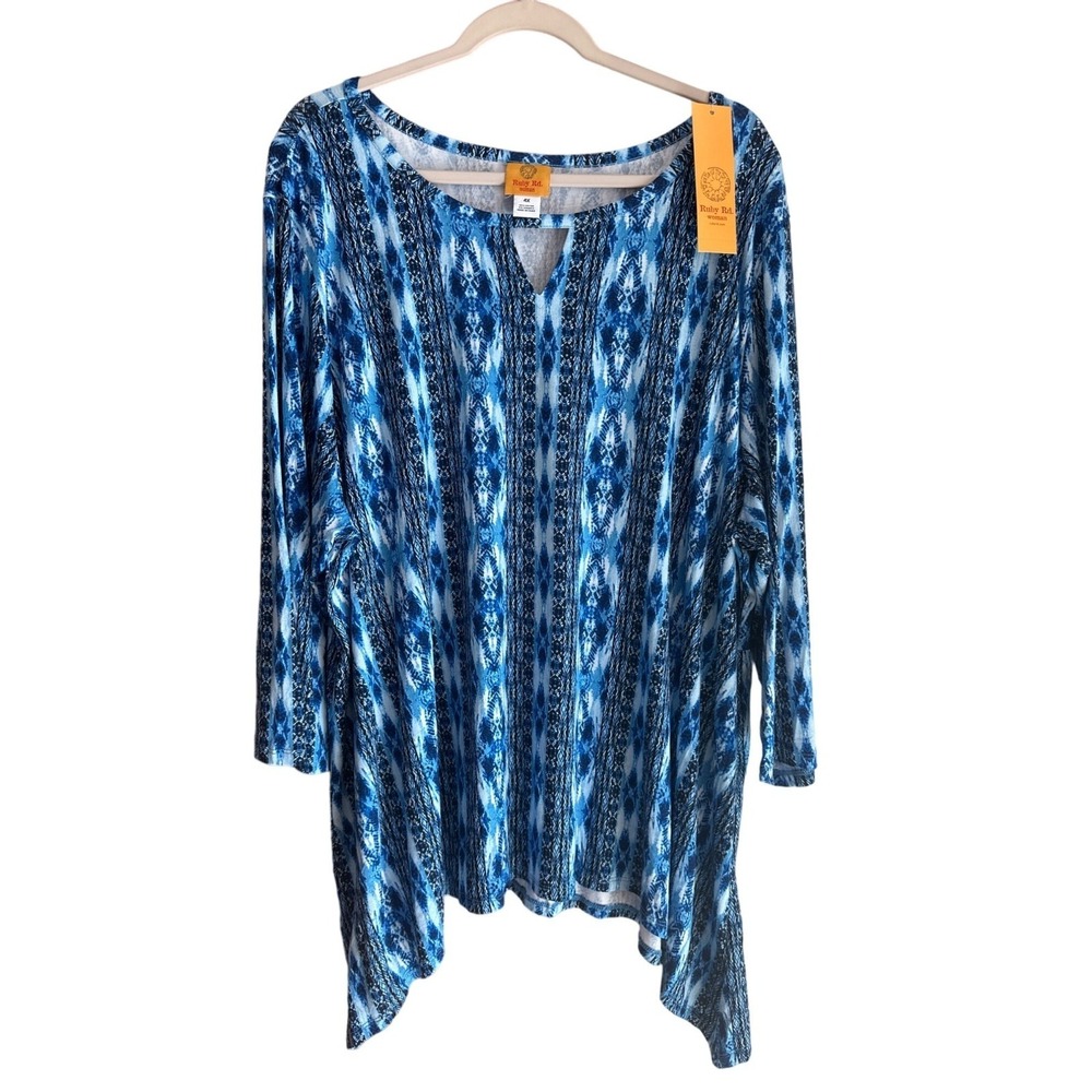 Ruby Rd 4X Blue Abstract Scoop Neck Stretchy Blouse Summer Casual Chic Light Top